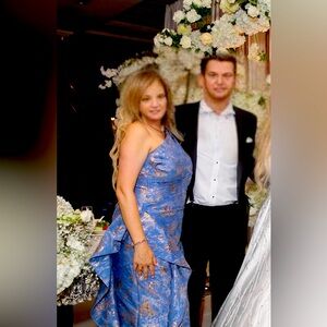 Teri Jon One Shoulder Blue and Gold Dress